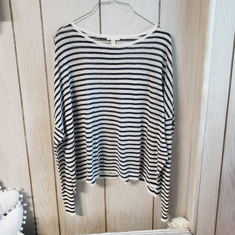 Eileen Fisher Striped Black & White Lightweight Sweater Semi Sheer Knit Top L